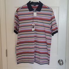 Never Worn, Still Has Tags, Multi Color Cremieux Classics Polo With Navy Collar And Sleeve Trim. Classic Multicolor Short Sleeve Shirt, Blue Shorts Men, Beige Plaid, Polo Blue, Striped Polo Shirt, Pique Polo Shirt, Blue Polo, Casual Stripes, Long Sleeve Polo Shirt