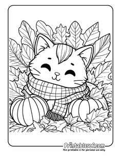 a coloring page with a cat wearing a scarf and pumpkins