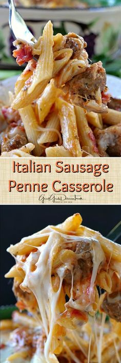 this is an italian sausage penne casserole with cheese and sauce on top