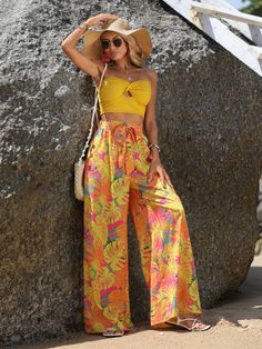 Mustard Yellow Boho Collar  Woven Fabric Tropical Wide Leg Embellished Non-Stretch  Women Clothing Hawaiian Luau Outfit Women, Goa Outfits Women, Tropical Party Outfit, Hawaiian Style Fashion, Hawaiian Outfit Women, Fashion Types, Goa Outfits, Hawaiian Wear, Tropical Outfits