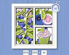 an image of a window with blueberries and cupcakes