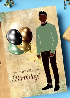 a birthday card with an image of a man holding balloons