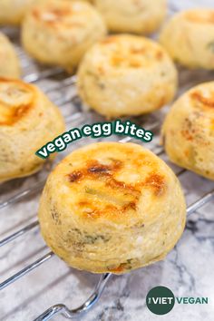 some food that is sitting on a rack with the words vegan egg bites above it