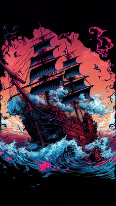 a painting of a ship in the ocean with pink and blue paint on it's sails