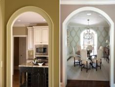 two different views of a kitchen and dining room from the entry way to the living room