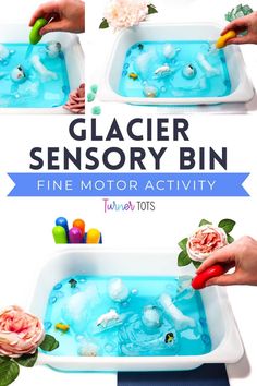 the instructions for how to make a glasser sensory bin with water and toys