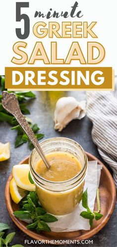 5 minute greek salad dressing recipe on a plate with lemon wedges and parsley