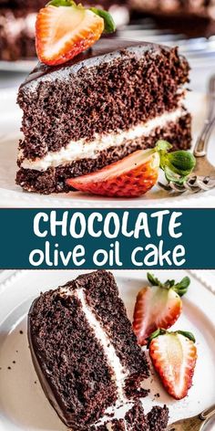 chocolate olive oil cake with strawberries on top and the words chocolate olive oil cake above it