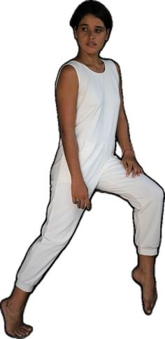 White High Stretch Cotton Activewear, High Stretch White Cotton Activewear, White Sleeveless Activewear For Loungewear, White Sleeveless Loungewear Activewear, White High Stretch Workout Jumpsuit, White Athleisure Jumpsuits And Rompers For Sports, Sporty White Jumpsuits And Rompers, Casual White High Stretch Jumpsuits And Rompers, White Sporty Jumpsuits And Rompers For Sports