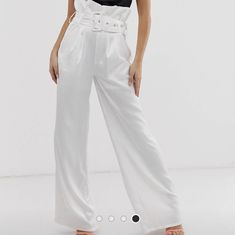 Nwt. Buckle Detail, Wide Leg. White Fitted Belted Bottoms, White Summer Pants With Belt Loops, White Belted Wide Leg Bottoms, White Belted Wide-leg Bottoms, Summer White Pants With Belt Loops, High Waist White Pants With Belt Loops, High-waist White Pants With Belt Loops, White Wide Leg Belted Pants, White Belted Wide Leg Pants