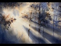 watercolor painting of trees and sunbeams in the woods with snow on them