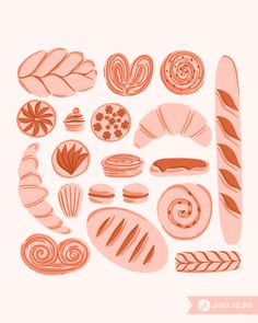 an assortment of breads and pastries are shown in this hand - drawn illustration