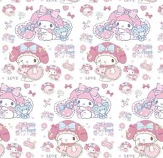 hello kitty wallpaper in pink and white with hearts, flowers and bows on it