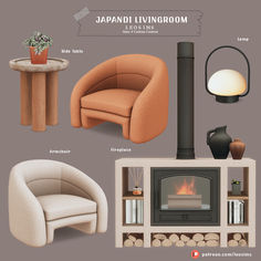 an assortment of living room furniture including a chair, table, fireplace and other items