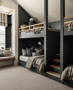 a bedroom with two bunk beds and a window