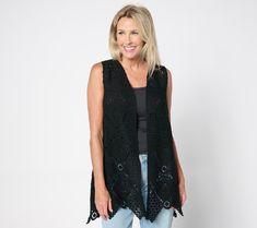 Add luxe Bohemian style to any look with this crochet vest. Layer it over a T-shirt and jeans will platform sandals or a flowy maxi dress for extra visual appeal. From Susan Graver. Fall Sleeveless Crochet Top With Crochet Trim, Sleeveless Crochet Top With Crochet Trim For Fall, Sleeveless Crochet Lace Top For Fall, Bohemian Crochet Top For Summer Layering, Spring Open Knit Vest For Layering, Chic Open Knit Summer Vest, Bohemian Spring Vest For Layering, Bohemian Vest For Spring Layering, Bohemian Style Summer Vest For Day Out