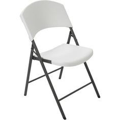 a white plastic folding chair with black frame