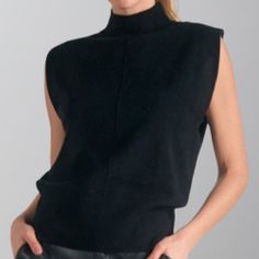 Elevate your style with the Elan Mock Neck Sleeveless Sweater in black. This trendy sweater vest features a mock neck and invisible shoulder pads for a polished look. Stay comfortable and chic all day long! Black Sleeveless Sweater Outfit, Elegant Stretch Sweater Vest For Fall, Elegant Black Sweater Vest For Fall, Elegant Fall Sweater Vest, Chic Black Sweater Vest For Winter, Chic Black Sweater Vest For Fall, Chic Black Mock Neck Top For Spring, Chic Stretch Sweater Vest For Layering, Turtleneck Vest For Fall Layering