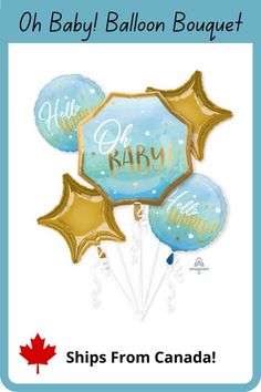 blue and gold foil balloons with the words hello baby on them