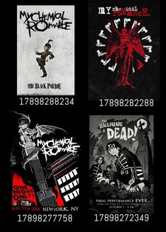 four different types of posters with the names and numbers in each one, all on black background