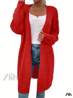 Zlily - Introducing a Sophisticated Mid-Length Knit Cardigan- A Comfortable, Long-Sleeved and Casual Sweater Perfect for Spring and Fall for Womens Fashion Chic Fall Cardigan, Cozy Fitted Acrylic Cardigan, Chic Acrylic Fall Cardigan, Chic Long Sleeve Acrylic Outerwear, Fall Non-stretch Knitted Cardigan, Fall Knitted Non-stretch Cardigan, Trendy Long Acrylic Sweater, Long Knit Sweater Coat In Solid Color, Fitted Long Sweater For Winter