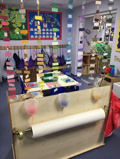 a classroom with lots of crafting supplies on display