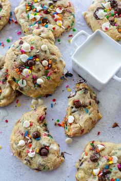 chocolate chip cookies with sprinkles and milk