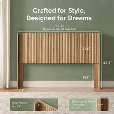 a room with green walls and wooden slats on the wall, labeled for style designed for dreams