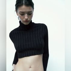 Long Sleeve Crop Top With High Collar. Black 1131/301 #Bi Black Stretch Cropped Sweater, Stretch Cropped Black Sweater, Black Cropped Sweater For Winter, Zara Black Fitted Sweater, Zara Fitted Ribbed Sweater, Chic Black Zara Sweater, Fitted Black Zara Sweater, Zara Black Sweater For Spring, Trendy Black Zara Sweater