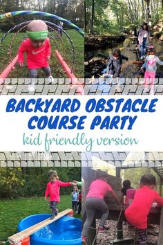 backyard obstacle course party with kids playing in the water and on the ground, surrounded by other activities