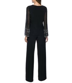 Marina Keyhole Rhinestone Neck Beaded Bell Long Sleeve Matte Jersey 2-Piece Pant Set | Dillard's Dressy Pant Suits For Older Women, Semi Formal Wedding Attire, Dressy Pant Suits, Beaded Bell, Wedding Attire For Women, Formal Wedding Attire, Formal Top, Semi Formal Wedding, Dress Pant Suit