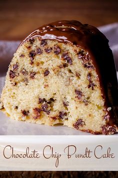 a piece of chocolate chip bundt cake on a plate