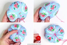 four images show how to make an ornament for a flowered heart - shaped purse