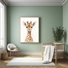 a baby's room with green walls and a giraffe painting on the wall