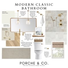 a bathroom with white and gold fixtures, beige walls and wood flooring is featured in the article modern classic bathroom