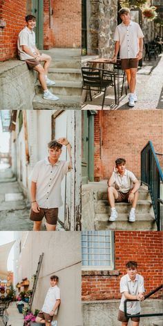 four photos of two men sitting on the steps and one man standing up in shorts