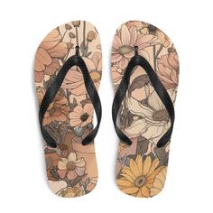 Have a floral infused summer with a pair of peach dahlia patterned flip flop sandals. The rubber sole is lined with a soft comfortable fabric. See pictures for size information. *Runs slightly big. I am 8.5 and fit the size S (small) * Rubber sole * 100% polyester fabric lining * Black Y-shaped rubber straps * Toe post style Peach Dahlia, Pattern Flip Flops, Floral Sandals, Summer Sandals, Beach Sandals, Sandals Summer, Flip Flop, Flip Flop Sandals, Women's Shoes Sandals