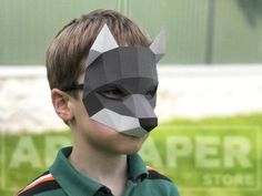 a young boy wearing a paper mask made to look like a raccoon