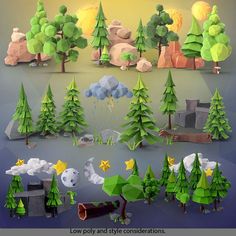 an image of different trees and animals in the forest with rocks, logs, firewood