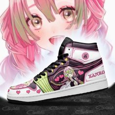 a pair of sneakers with anime characters painted on the upper and bottom, in front of a black background