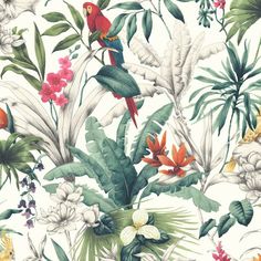 an image of tropical flowers and birds