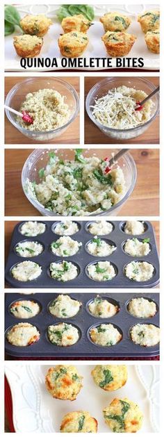 the steps to make quinoa meltette bites in muffin tins are shown