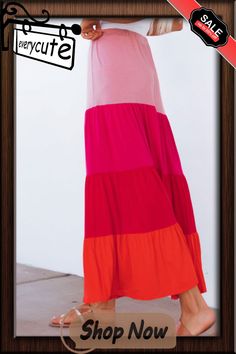 Pink Color Block Tiered Drawstring High Waist Maxi Skirt Striped Tiered Skirt For Summer, Color Block Skirt For Summer, Summer Striped Flowy Skirt, Multicolor Color Block Skirt For Summer, Summer Multicolor Color Block Skirt, Spring Color Block Skirt, Striped Skirt For Summer Vacation, High Waist Maxi Skirt, High Waisted Maxi Skirt