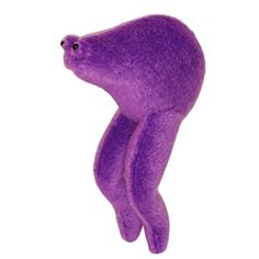 a purple teddy bear sitting up against a white background with its head turned to the side