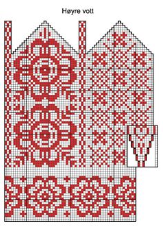 a cross stitch pattern for a house with red and white designs on the front, and bottom