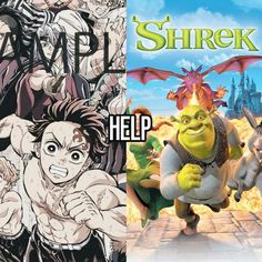 the animated movie shrek is shown next to an image of two cartoon characters