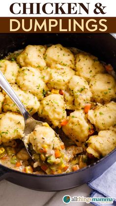 A close-up of a pot filled with steaming chicken and dumplings, showcasing fluffy Bisquick dumplings atop a rich, flavorful vegetable and chicken mixture.