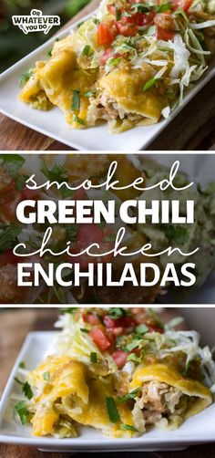 green chili chicken enchiladas on a white plate with the title overlay