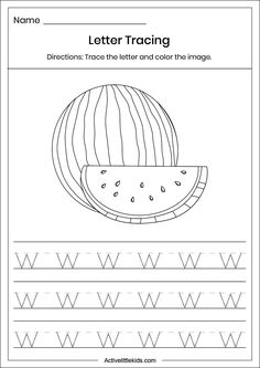 the letter w worksheet with watermelon on it, which is also for writing