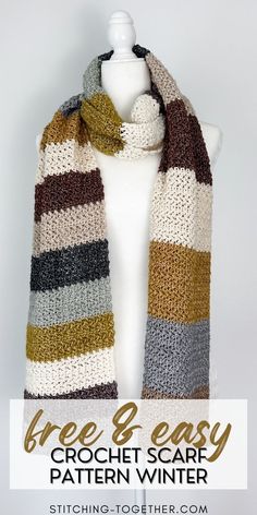 a crochet scarf with the text free easy crochet scarf pattern winter